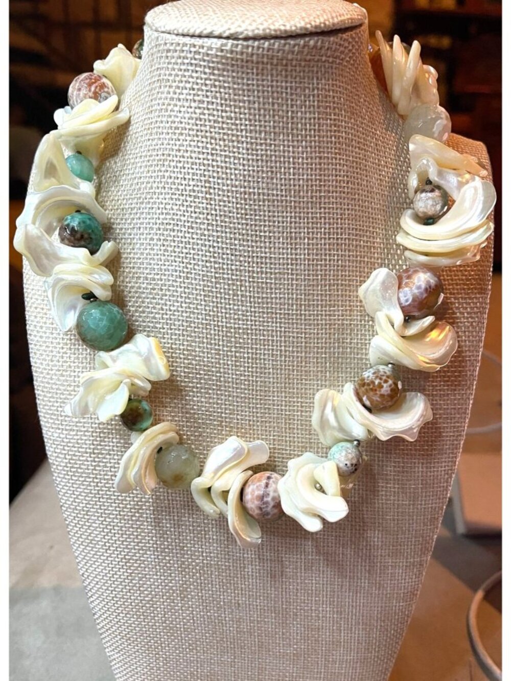 Vintage Mother of Pearl Shell Jasper Stone Choker Necklace Retro Boho Artisan